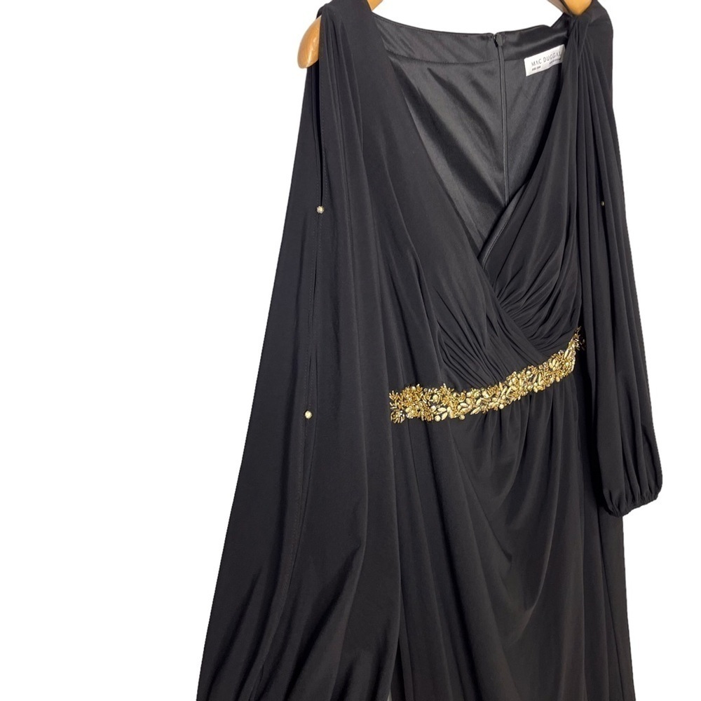 Mac Duggal Jersey V Neck Maxi Dress Gold Beaded Size 20 Leg Slit Formal - Picture 6 of 12